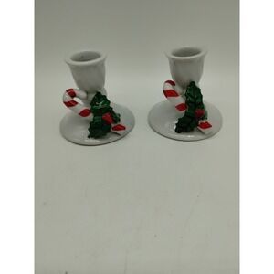 Set Of 2 Christmas Candlesticks Candy Cane Mistletoe White 2.5" Tall Vintage